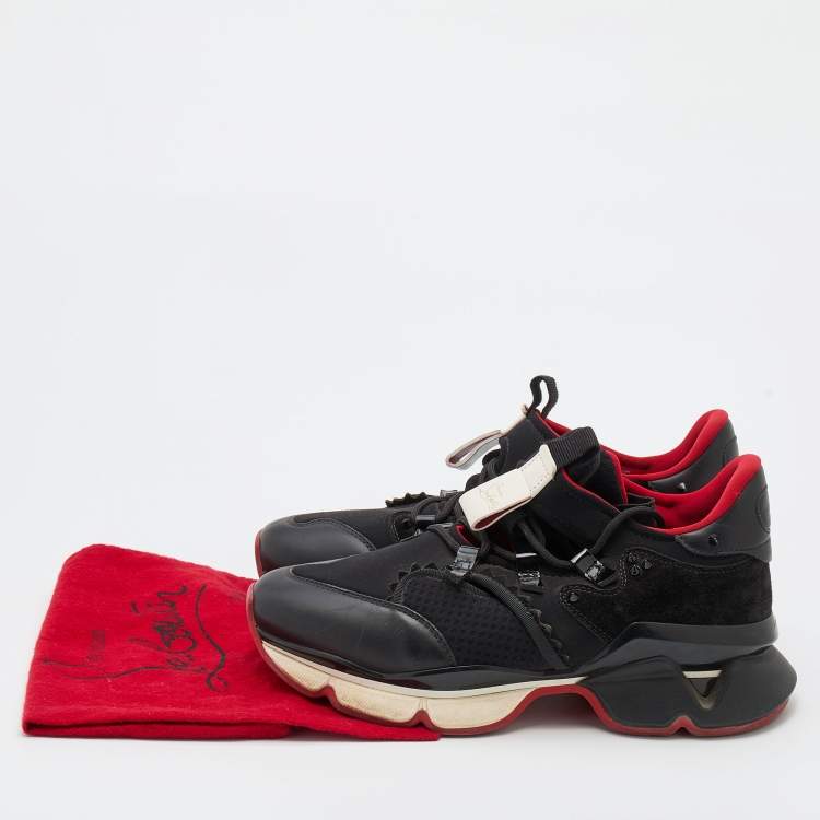 Pre Owned Christian Louboutin Black Leather and Neoprene Red Runner Low Top Sneakers Size 42.5