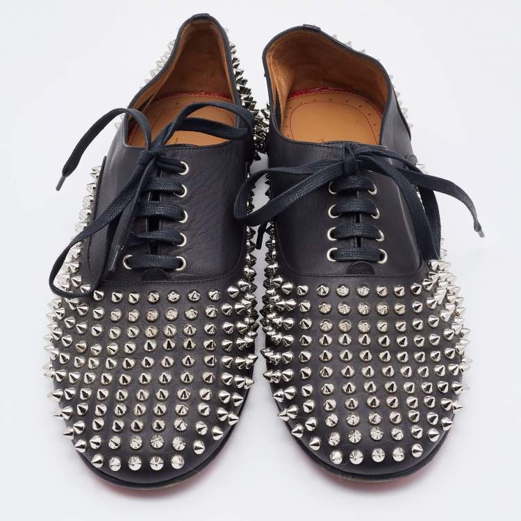 Pre Owned Christian Louboutin Black Leather Freddy Spikes Lace Up Oxfords Size 43