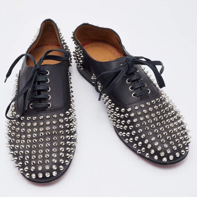 Pre Owned Christian Louboutin Black Leather Freddy Spikes Lace Up Oxfords Size 43