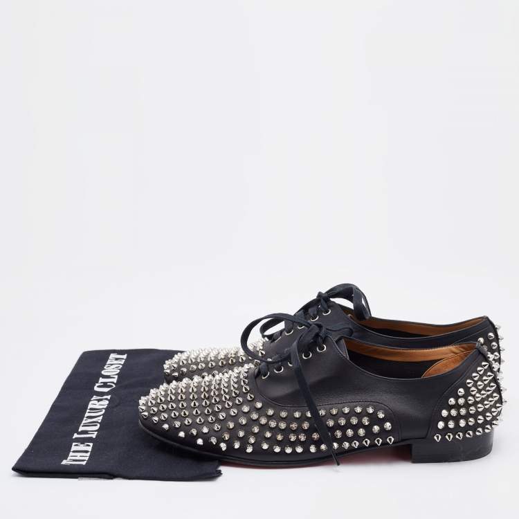 Pre Owned Christian Louboutin Black Leather Freddy Spikes Lace Up Oxfords Size 43