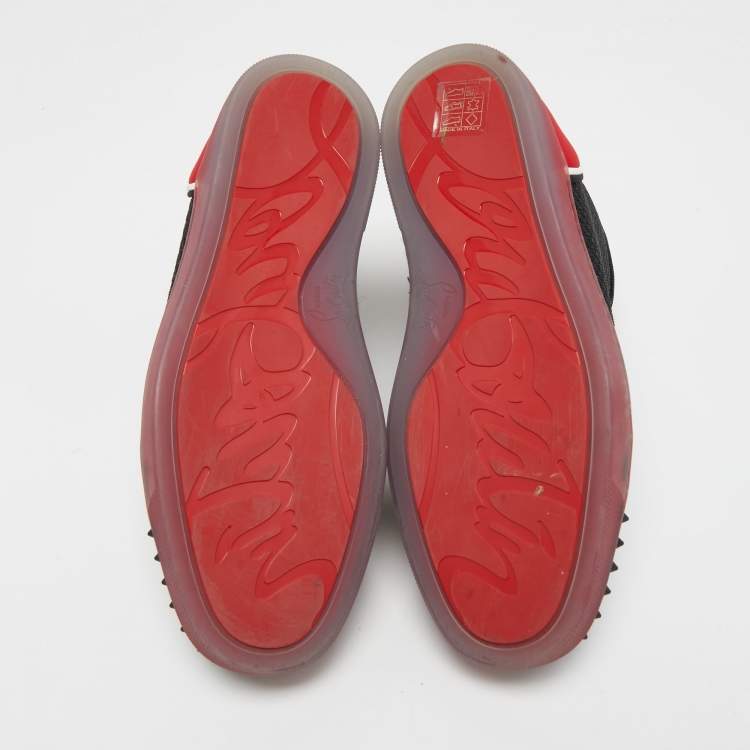 Pre Owned Christian Louboutin Black/Red Leather, Mesh and Neoprene Louis Spikes Orlato Sneakers Size 40