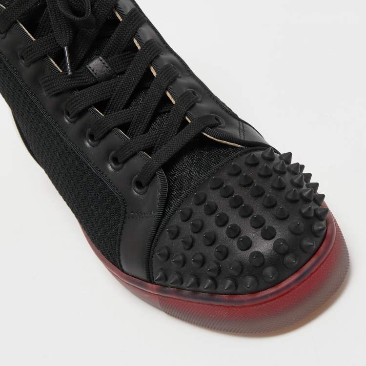 Pre Owned Christian Louboutin Black/Red Leather, Mesh and Neoprene Louis Spikes Orlato Sneakers Size 40