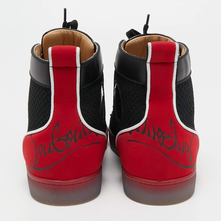 Pre Owned Christian Louboutin Black/Red Leather, Mesh and Neoprene Louis Spikes Orlato Sneakers Size 40