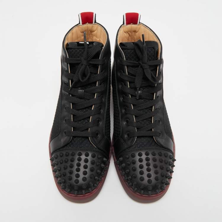 Pre Owned Christian Louboutin Black/Red Leather, Mesh and Neoprene Louis Spikes Orlato Sneakers Size 40