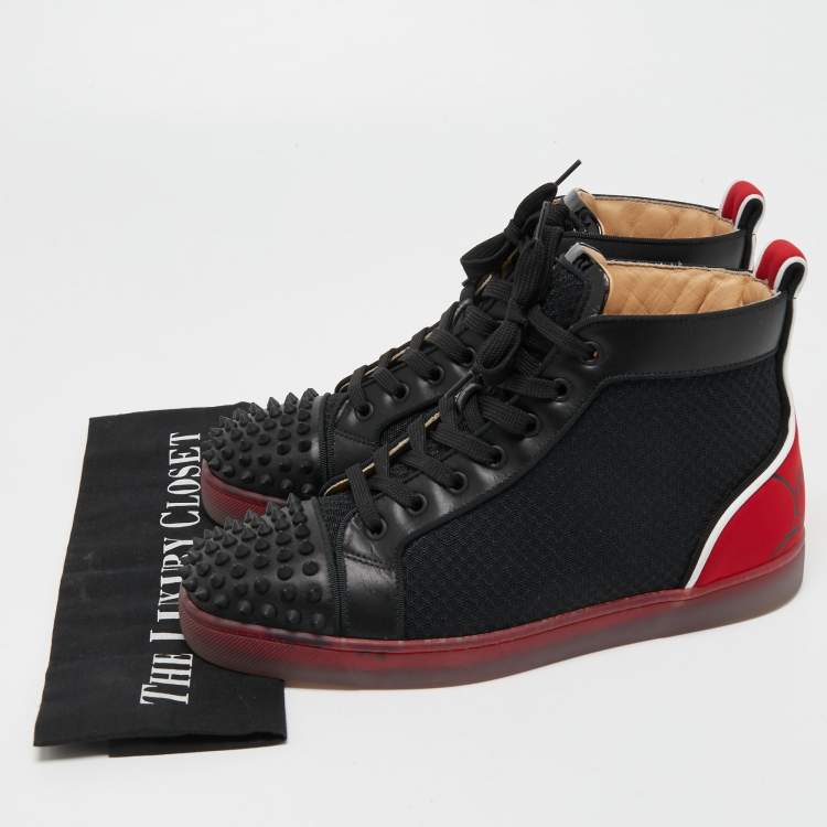Pre Owned Christian Louboutin Black/Red Leather, Mesh and Neoprene Louis Spikes Orlato Sneakers Size 40