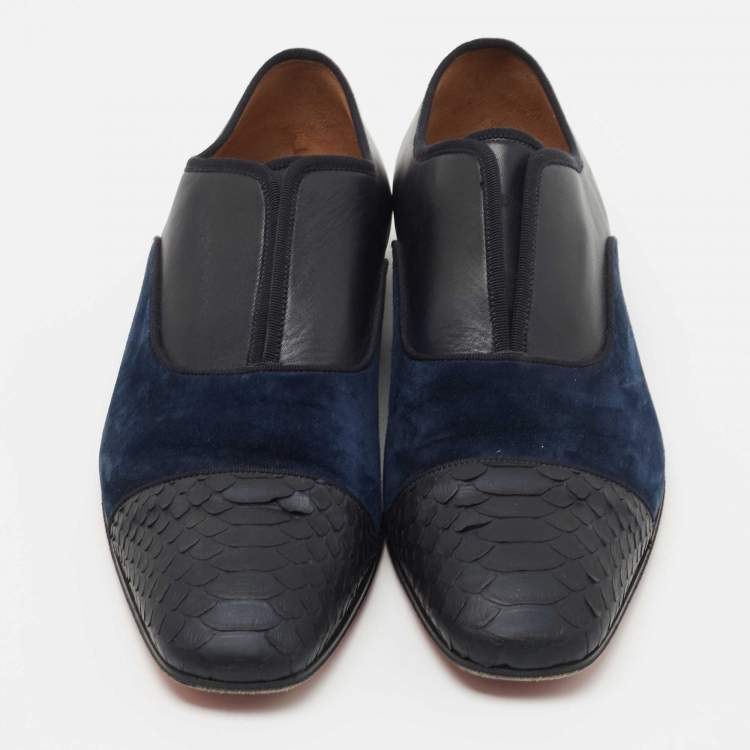 Pre Owned Christian Louboutin Black/Navy Blue Python and Suede Alpha Male Oxfords Size 40   