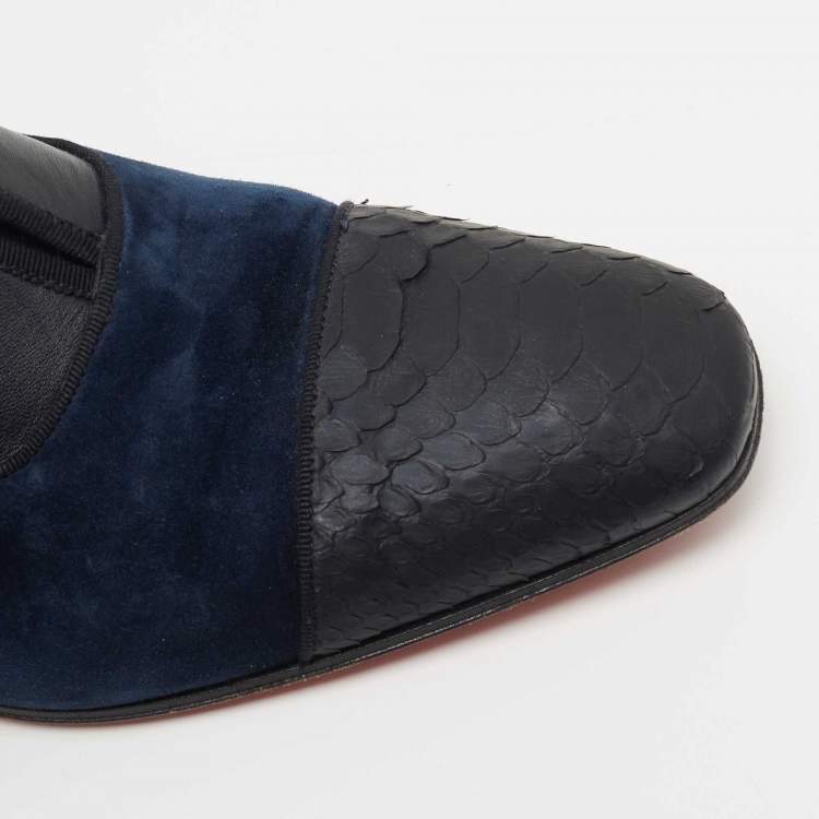 Pre Owned Christian Louboutin Black/Navy Blue Python and Suede Alpha Male Oxfords Size 40   