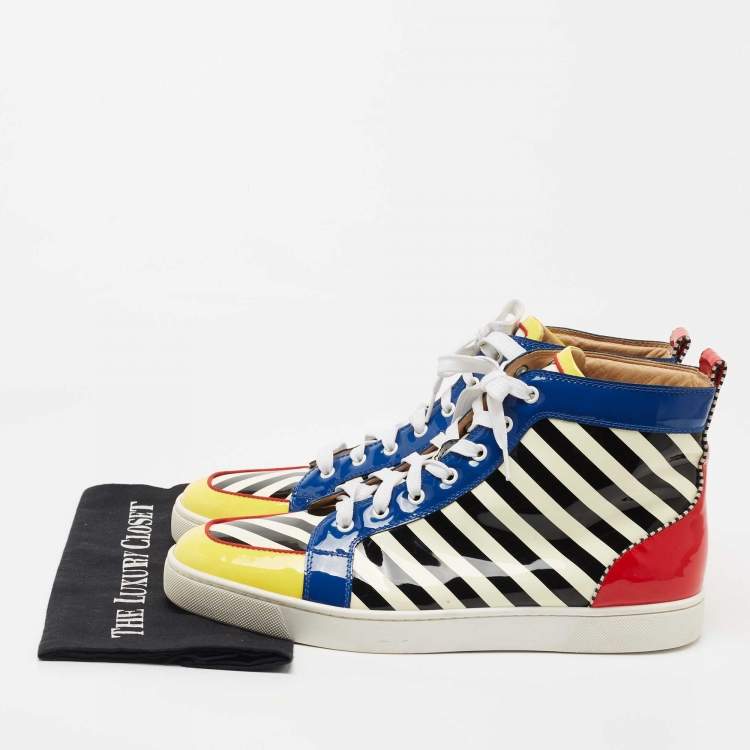 Pre Owned Christian Louboutin Multicolor Patent Leather Rantus Stripes High Top Sneakers Size 45.5