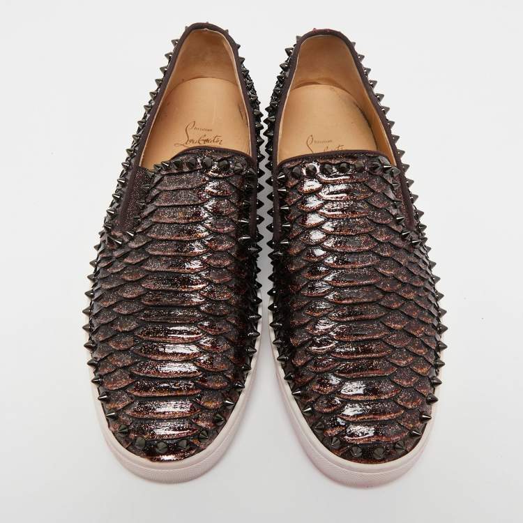Pre Owned Christian Louboutin Metallic Brown Python Pik Boat Slip On Sneakers Size 42.5  