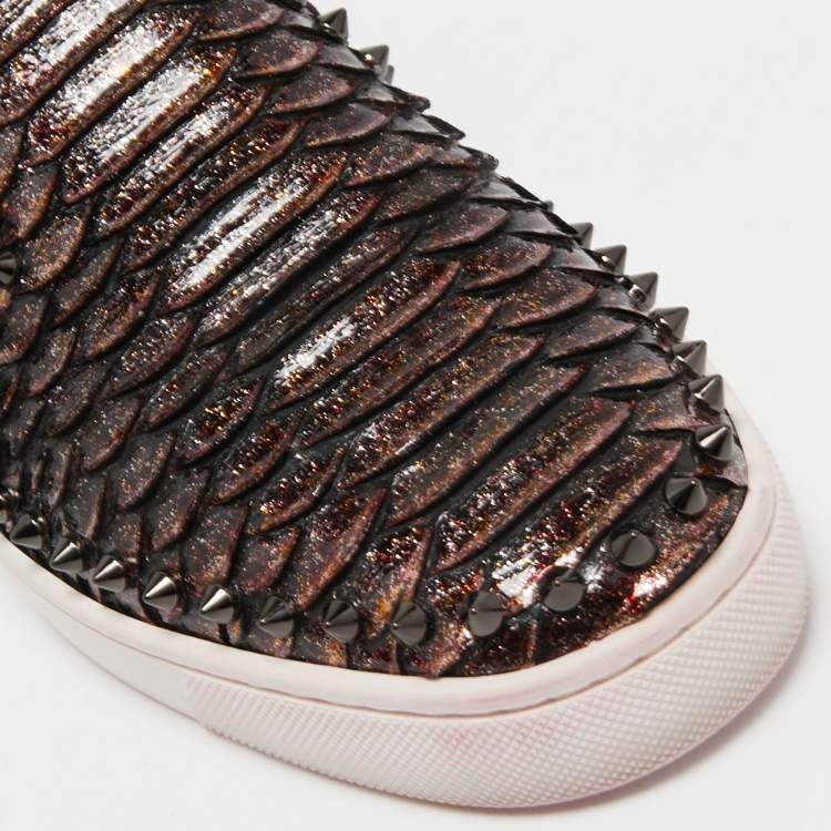 Pre Owned Christian Louboutin Metallic Brown Python Pik Boat Slip On Sneakers Size 42.5  