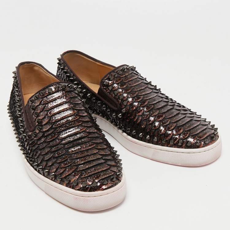 Pre Owned Christian Louboutin Metallic Brown Python Pik Boat Slip On Sneakers Size 42.5  