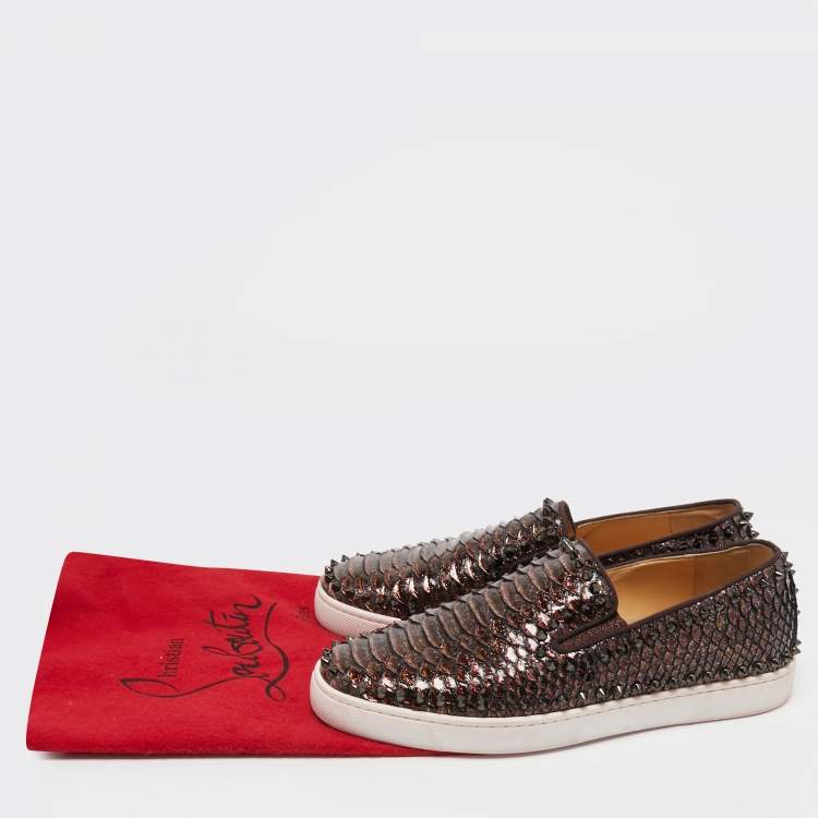 Pre Owned Christian Louboutin Metallic Brown Python Pik Boat Slip On Sneakers Size 42.5  