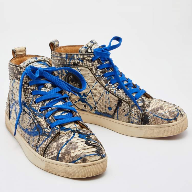مملوكة مسبقًا Christian Louboutin Blue/Grey Python Leather Graffiti Louis Flat High Top Sneakers Size 41