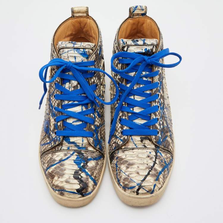 مملوكة مسبقًا Christian Louboutin Blue/Grey Python Leather Graffiti Louis Flat High Top Sneakers Size 41