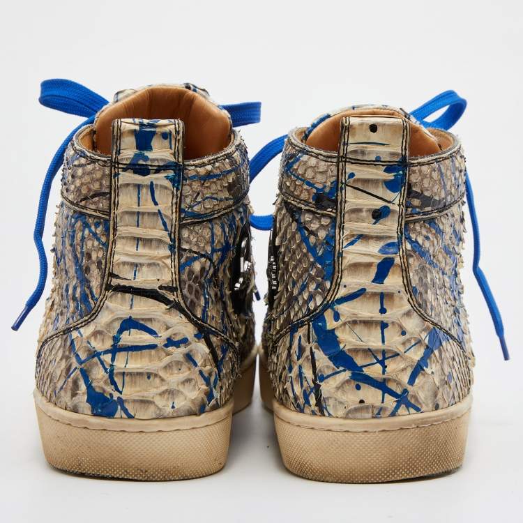 مملوكة مسبقًا Christian Louboutin Blue/Grey Python Leather Graffiti Louis Flat High Top Sneakers Size 41