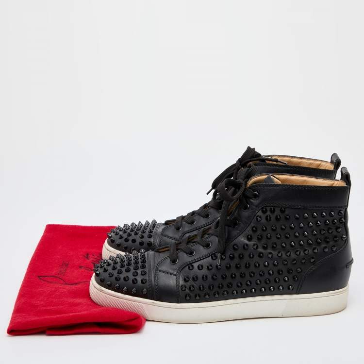 Pre Owned Christian Louboutin Black Leather Louis Junior Spikes High Top Sneakers Size 44