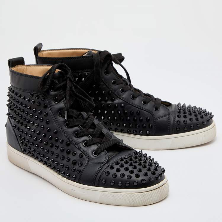 Pre Owned Christian Louboutin Black Leather Louis Junior Spikes High Top Sneakers Size 44