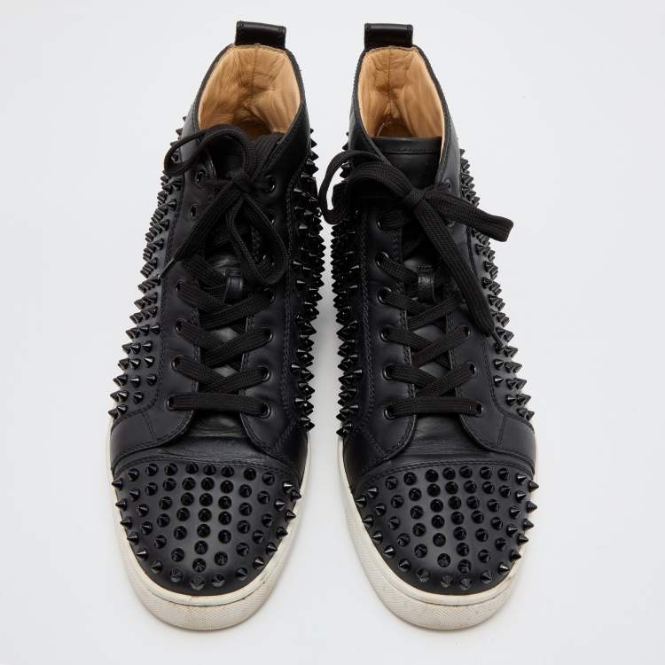 Pre Owned Christian Louboutin Black Leather Louis Junior Spikes High Top Sneakers Size 44