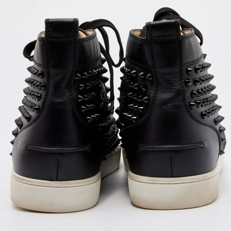 Pre Owned Christian Louboutin Black Leather Louis Junior Spikes High Top Sneakers Size 44