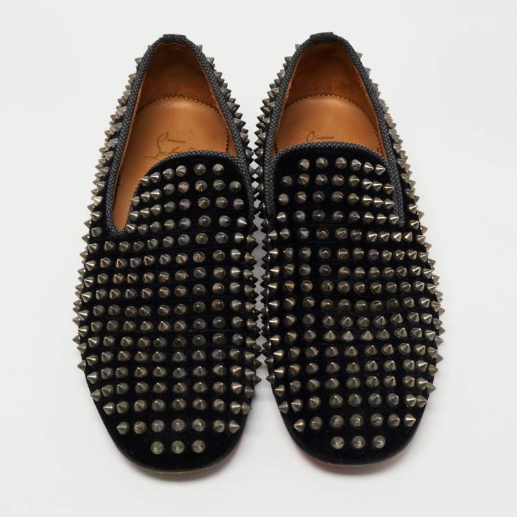 Pre Owned Christian Louboutin Black Velvet Dandelion Spike Loafers Size 42 
