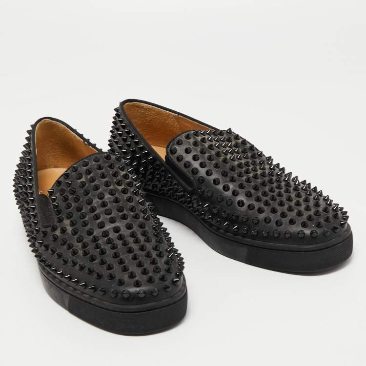 Pre Owned Christian Louboutin Black Leather Roller Boat Sneakers Size 42.5