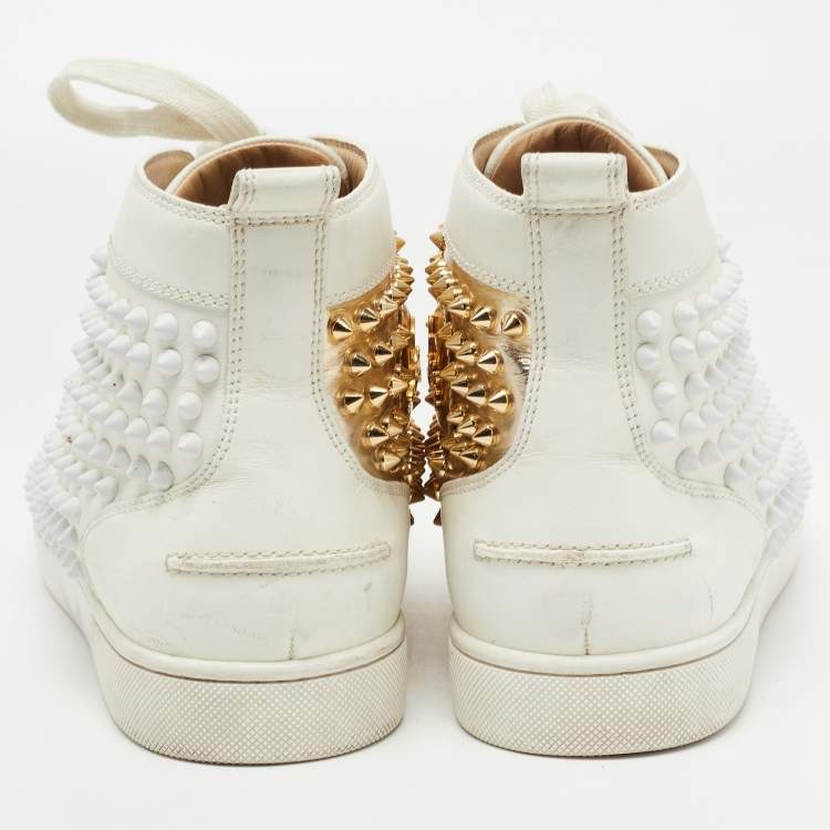 Pre Owned Christian Louboutin Gold/White Leather Louis Spikes High Top Sneakers Size 41