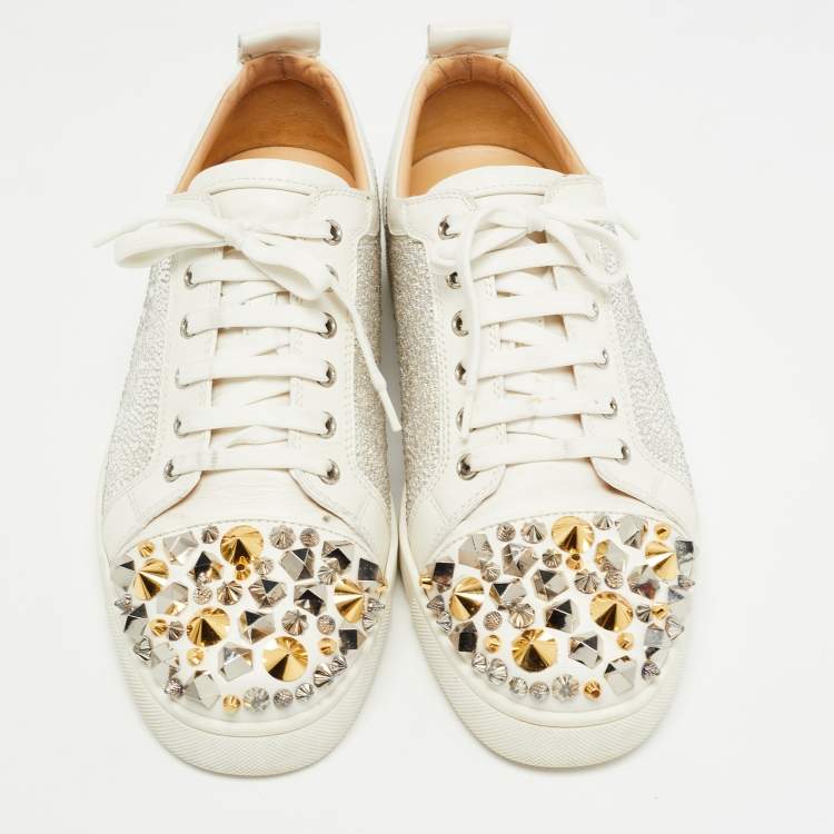 Pre Owned Christian Louboutin White Leather Louis Junior Mix Spikes And Crystal Embellished Sneaker Size 43.5