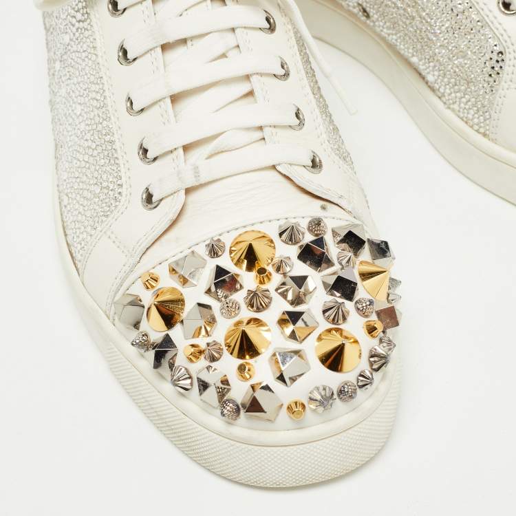 Pre Owned Christian Louboutin White Leather Louis Junior Mix Spikes And Crystal Embellished Sneaker Size 43.5