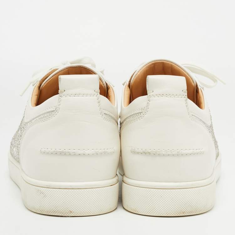 Pre Owned Christian Louboutin White Leather Louis Junior Mix Spikes And Crystal Embellished Sneaker Size 43.5