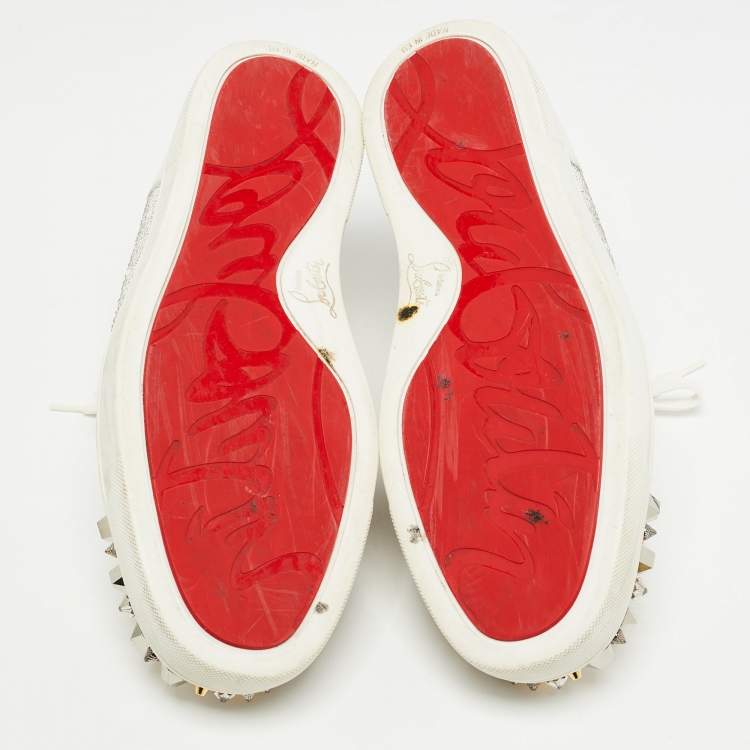 Pre Owned Christian Louboutin White Leather Louis Junior Mix Spikes And Crystal Embellished Sneaker Size 43.5