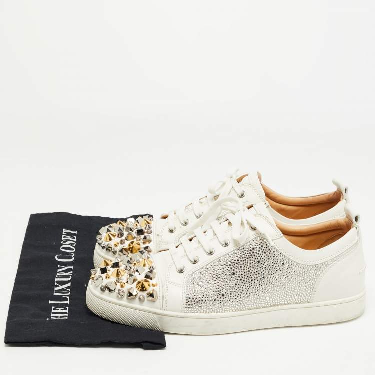 Pre Owned Christian Louboutin White Leather Louis Junior Mix Spikes And Crystal Embellished Sneaker Size 43.5