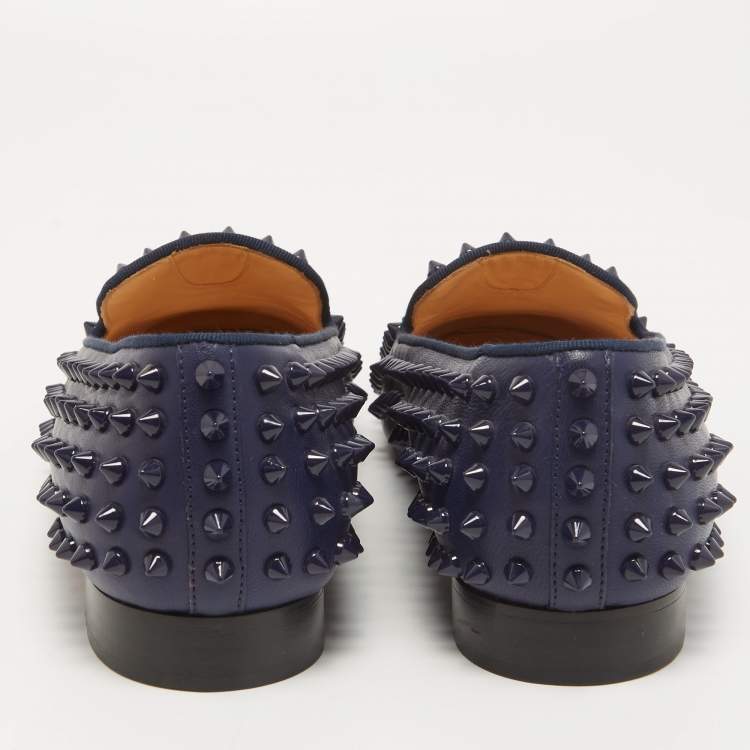 Pre Owned Christian Louboutin Navy Blue Leather Dandelion Spike Slip On Loafers Size 41