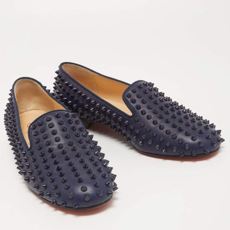 Pre Owned Christian Louboutin Navy Blue Leather Dandelion Spike Slip On Loafers Size 41