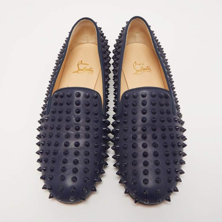 Pre Owned Christian Louboutin Navy Blue Leather Dandelion Spike Slip On Loafers Size 41