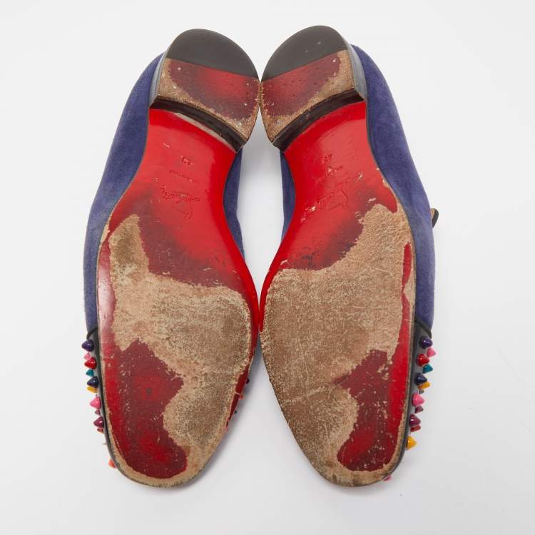 Pre Owned Christian Louboutin Navy Blue/Black Suede and Patent Leather Spooky Spike Smoking Slippers Size 43