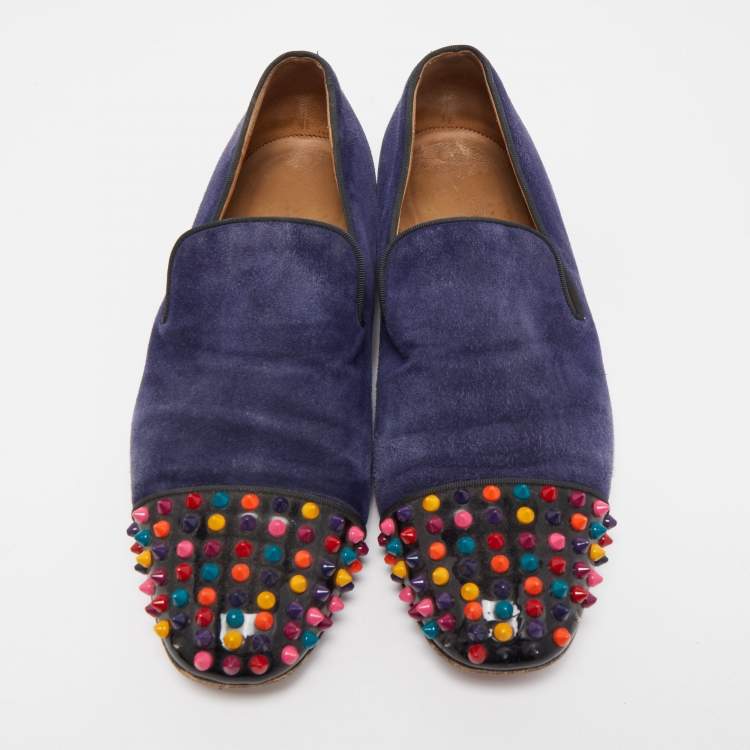 Pre Owned Christian Louboutin Navy Blue/Black Suede and Patent Leather Spooky Spike Smoking Slippers Size 43