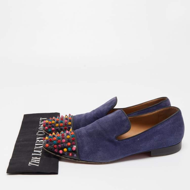 Pre Owned Christian Louboutin Navy Blue/Black Suede and Patent Leather Spooky Spike Smoking Slippers Size 43