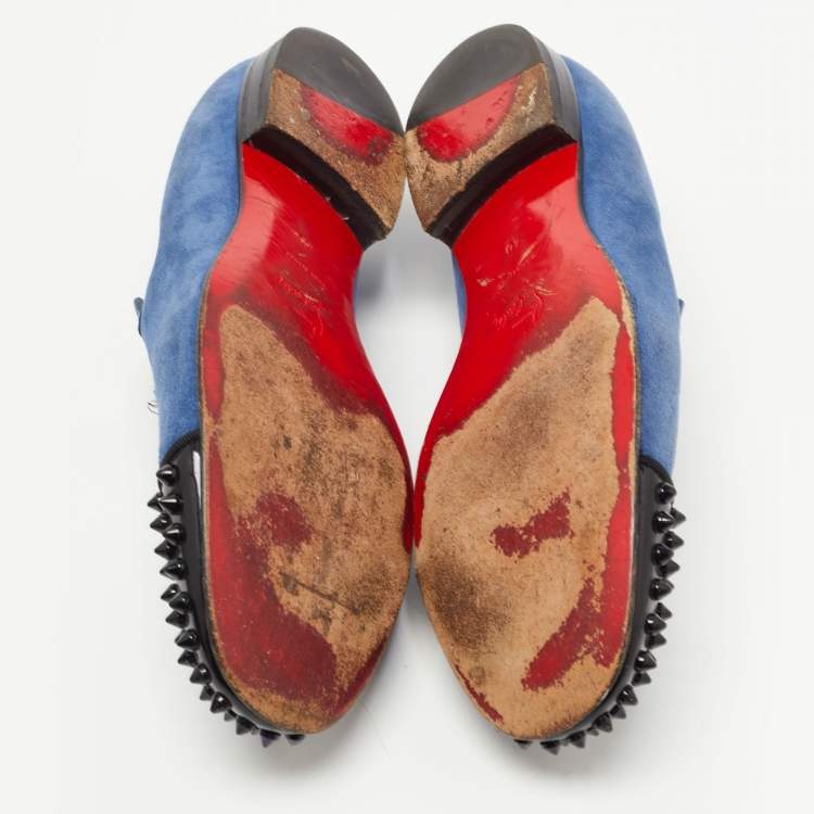 Pre Owned Christian Louboutin Blue/Black Suede and Patent Leather Harvanana Spiked Smoking Slippers Size 40
