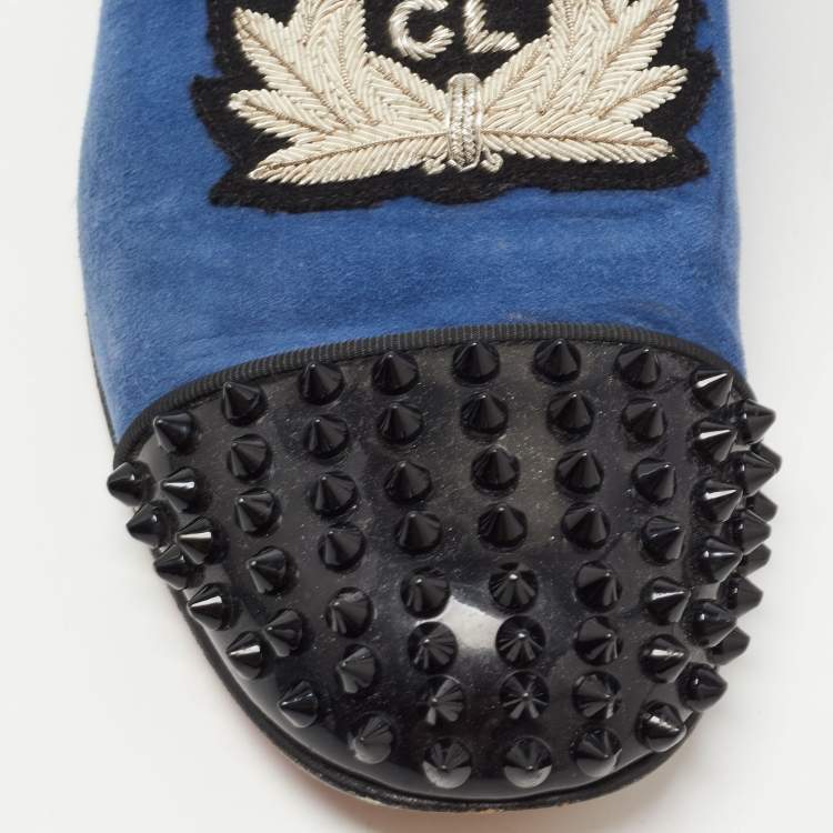 Pre Owned Christian Louboutin Blue/Black Suede and Patent Leather Harvanana Spiked Smoking Slippers Size 40