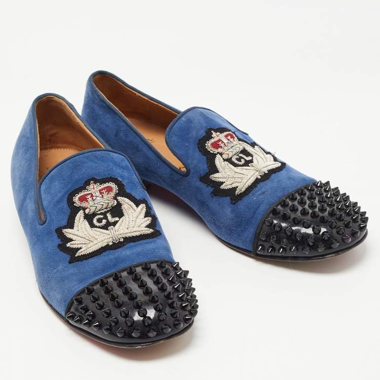 Pre Owned Christian Louboutin Blue/Black Suede and Patent Leather Harvanana Spiked Smoking Slippers Size 40