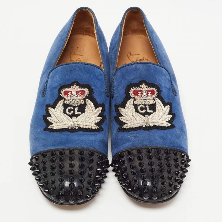 Pre Owned Christian Louboutin Blue/Black Suede and Patent Leather Harvanana Spiked Smoking Slippers Size 40