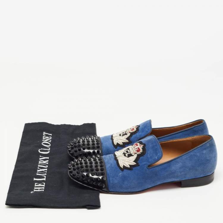 Pre Owned Christian Louboutin Blue/Black Suede and Patent Leather Harvanana Spiked Smoking Slippers Size 40