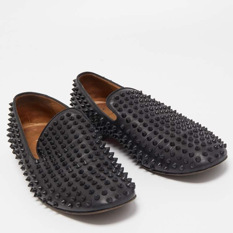 Pre Owned Christian Louboutin Black Leather Dandelion Spikes Smoking Slippers Size 43