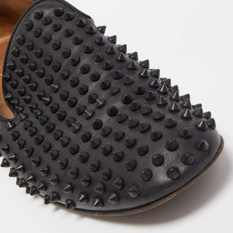 Pre Owned Christian Louboutin Black Leather Dandelion Spikes Smoking Slippers Size 43