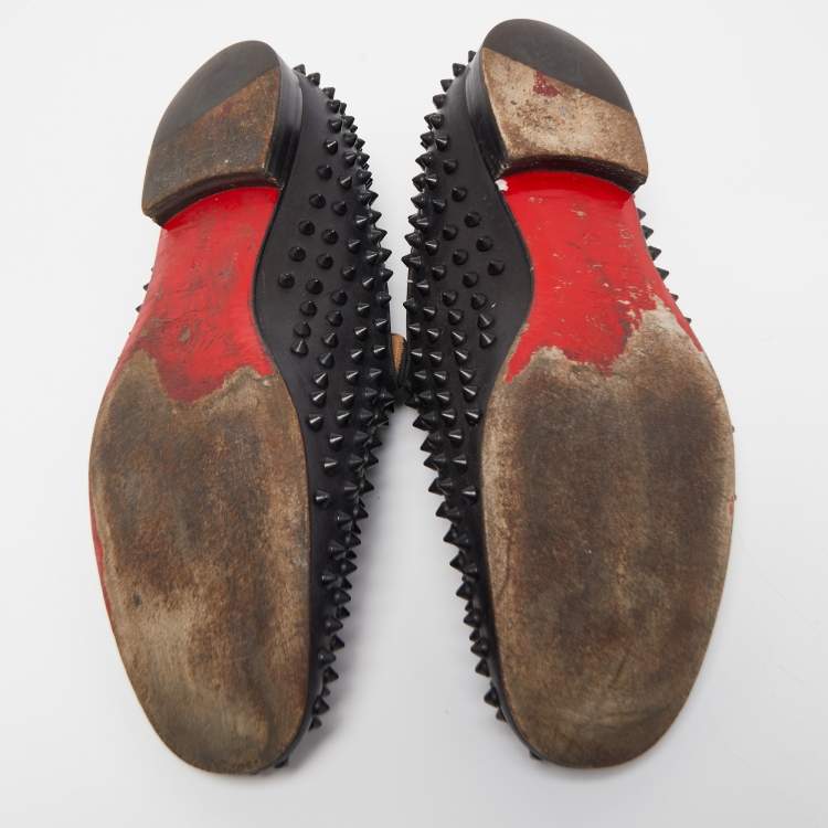 Pre Owned Christian Louboutin Black Leather Dandelion Spikes Smoking Slippers Size 43