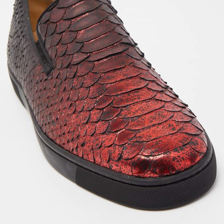 Pre Owned Christian Louboutin Black/Metallic Red Python Slip On Sneakers Size 43.5