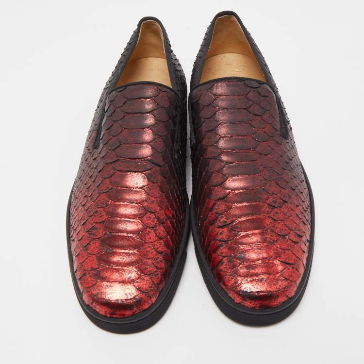 Pre Owned Christian Louboutin Black/Metallic Red Python Slip On Sneakers Size 43.5
