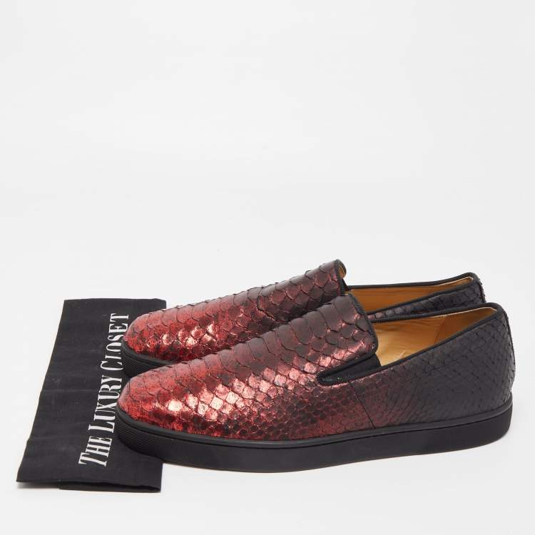 Pre Owned Christian Louboutin Black/Metallic Red Python Slip On Sneakers Size 43.5
