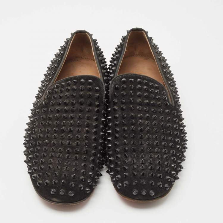 Pre Owned Christian Louboutin Black Suede Dandelion Spike Smoking Slippers Size 42.5