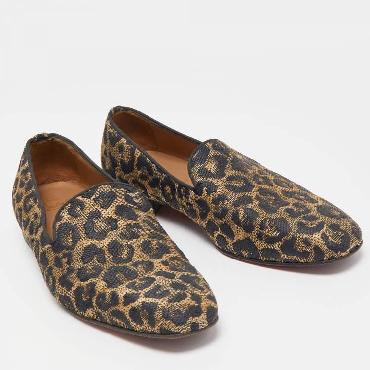 Pre Owned Christian Louboutin Black/Gold Raffia Animal Print Loafers Size 43